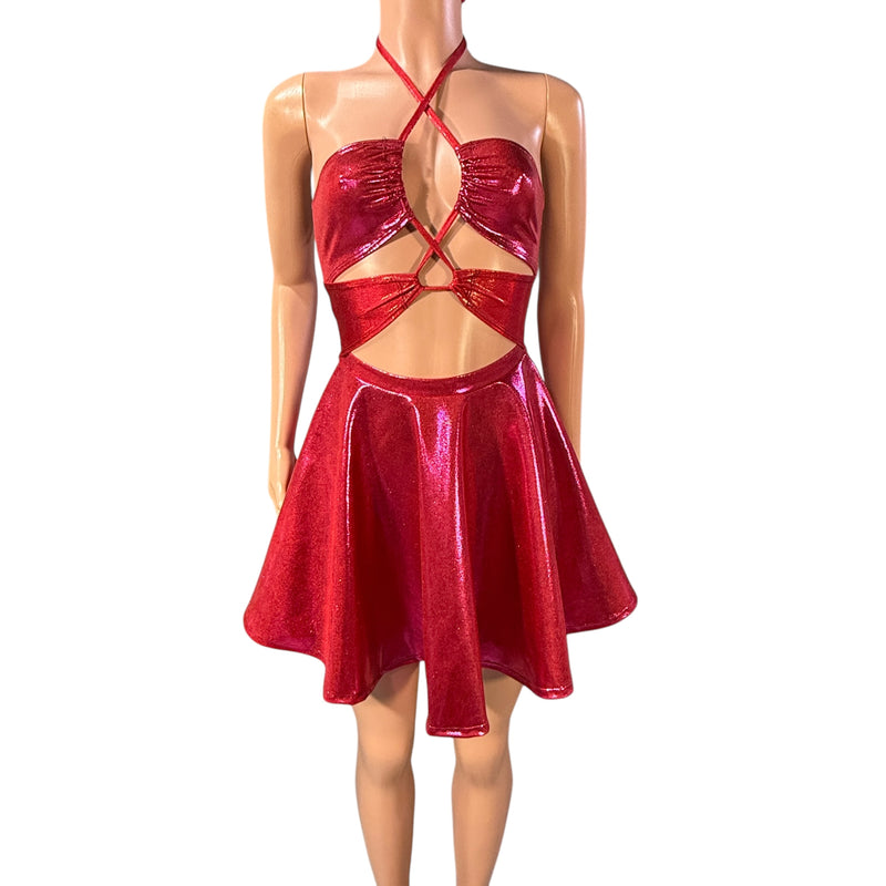 Halter Skater fit n flare X-String Dress in Dark Pink Metallic Mystique and Red Sparkle