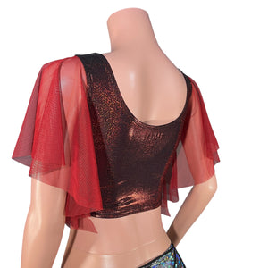 Flutter Sleeve Top in Dark Red Sparkle | Mesh Sleeve Ruffle Shirt