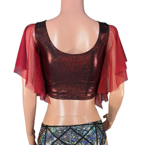 Flutter Sleeve Top in Dark Red Sparkle | Mesh Sleeve Ruffle Shirt