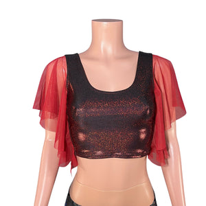 Flutter Sleeve Top in Dark Red Sparkle | Mesh Sleeve Ruffle Shirt