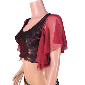 Flutter Sleeve Top in Dark Red Sparkle | Mesh Sleeve Ruffle Shirt