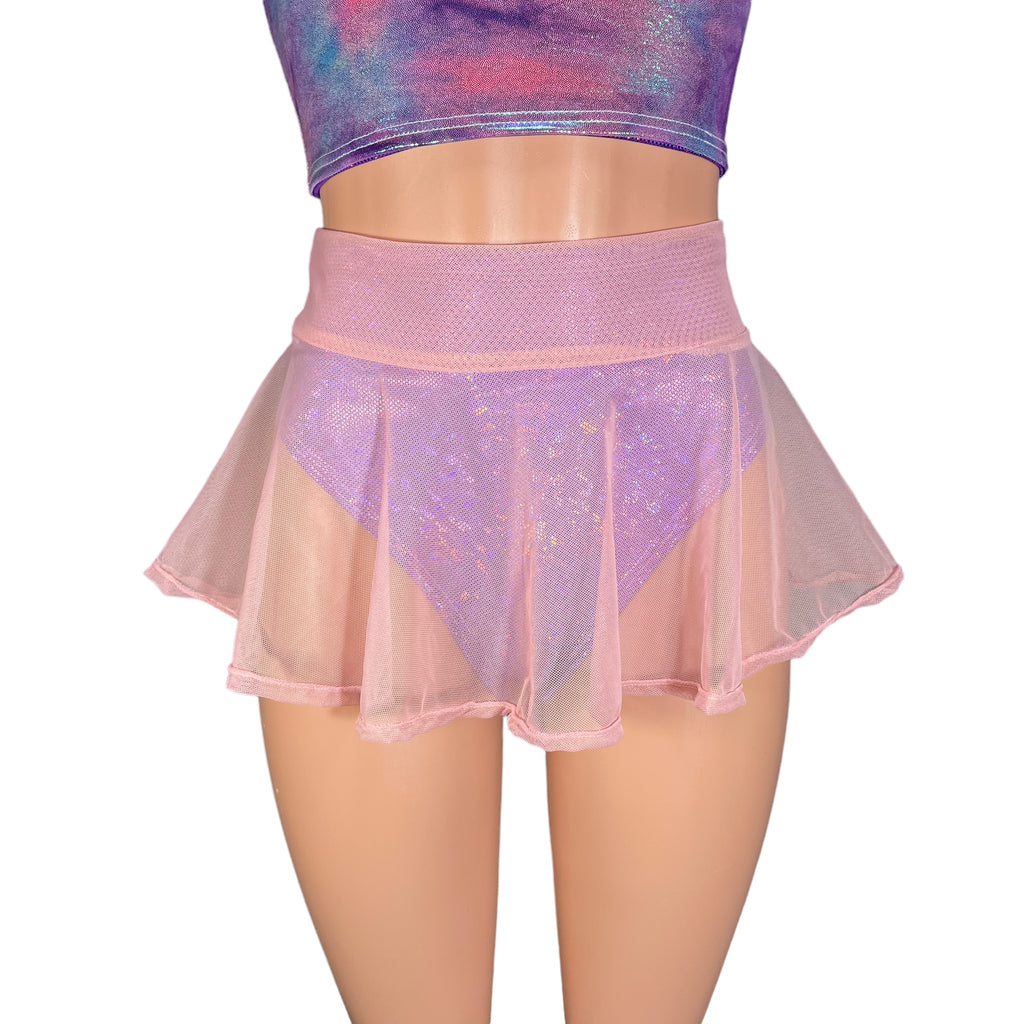 Dusty Pink Mesh Super Mini 10" High Waisted Skater Skirt - Peridot Clothing