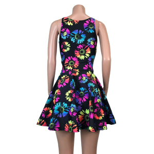 Electric Daisy Neon Flower Skater fit n flare Tank Dress - Peridot Clothing