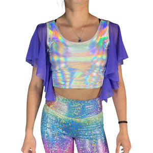 Flutter Sleeve Top Opal Holographic | Mesh Sleeve Ruffle Shirt | Holo Festival Crop Top