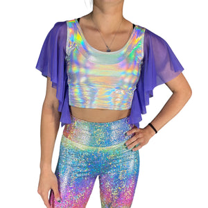 Flutter Sleeve Top Opal Holographic | Mesh Sleeve Ruffle Shirt | Holo Festival Crop Top