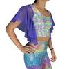 Flutter Sleeve Top Opal Holographic | Mesh Sleeve Ruffle Shirt | Holo Festival Crop Top