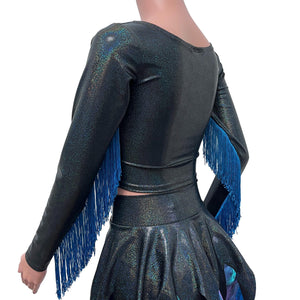 Fringe Sleeve Crop Top in Black Sparkle and Turquoise Fringe | Ursula - Peridot Clothing