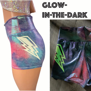 Glow-in-the-Dark Roller Derby Shorts - Lightning Rainbow Holographic High-Waisted Booty Shorts