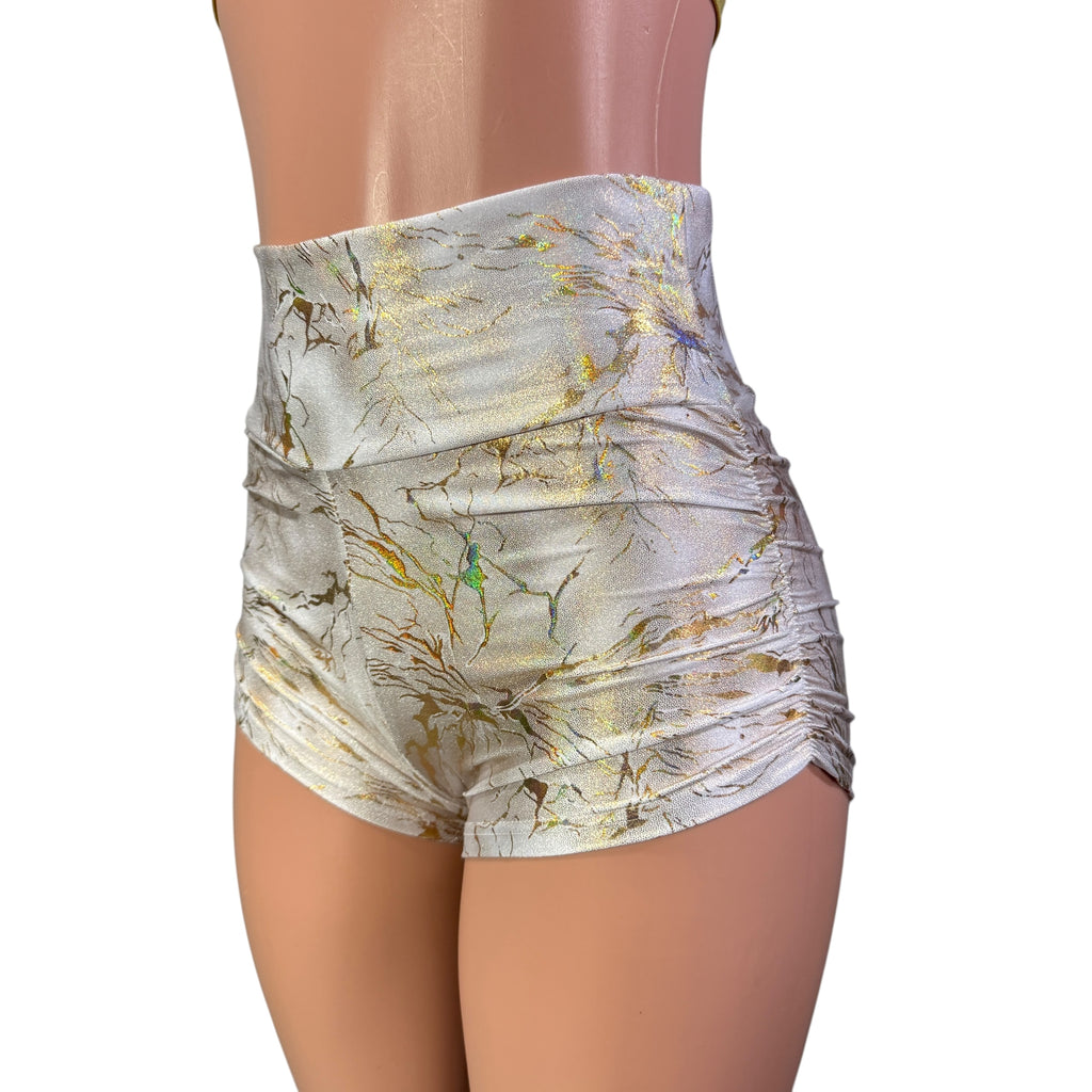 Ruched Booty Shorts - Gold on White Cracked Ice