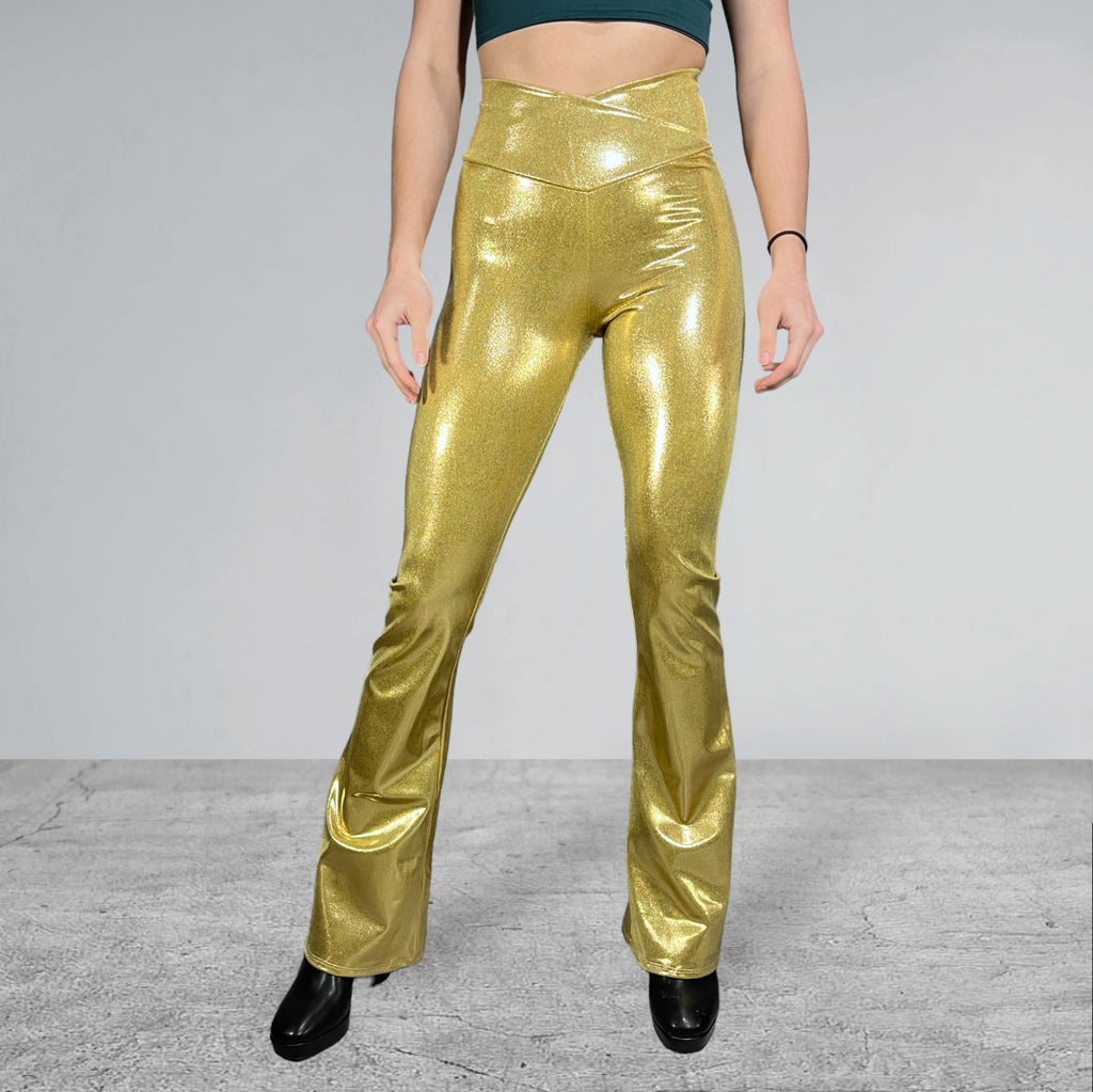 Crossover V-Waist Bootcut Flare Pants - Gold Mystique - Peridot Clothing