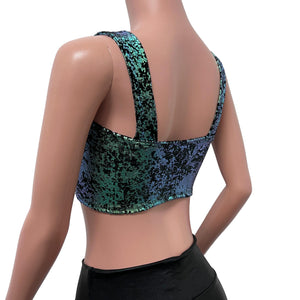 Wide Strap Square Neckline Crop Top -  Green on Black Gilded Velvet - Peridot Clothing