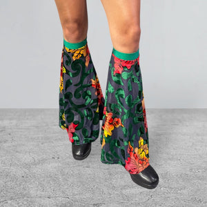 Leg Boot Covers Bells in Green or Black Floral Burnout Velvet - Peridot Clothing