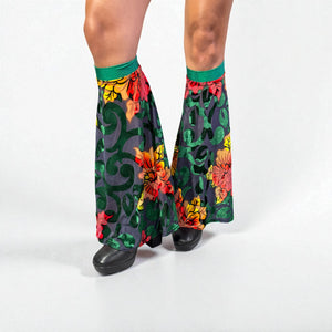 Leg Boot Covers Bells in Green or Black Floral Burnout Velvet - Peridot Clothing