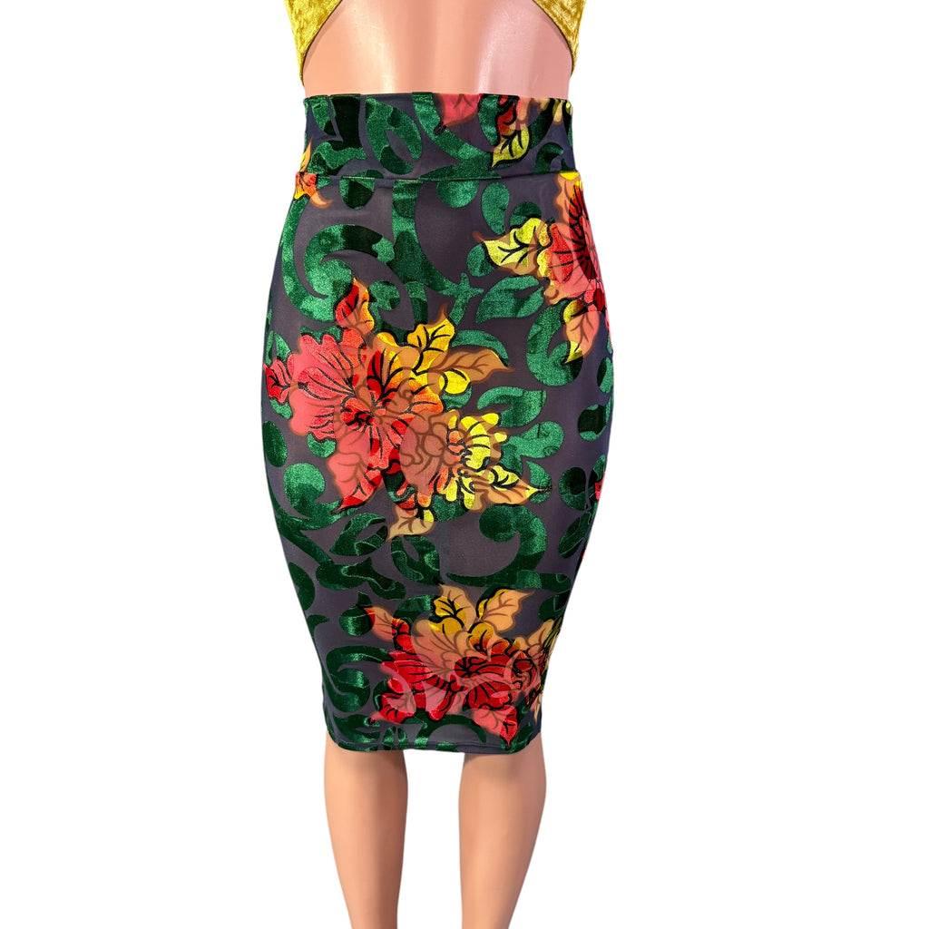 Long Pencil Skirt - Green Floral Burnout Velvet Sheer