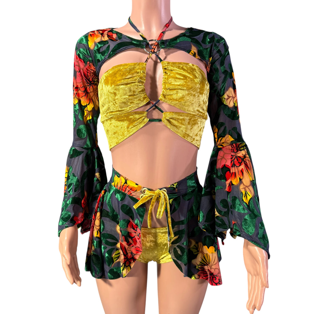 Pixie Bolero Top w/Ring - Green Floral Burnout Velvet Fairy Costume Shrug Top