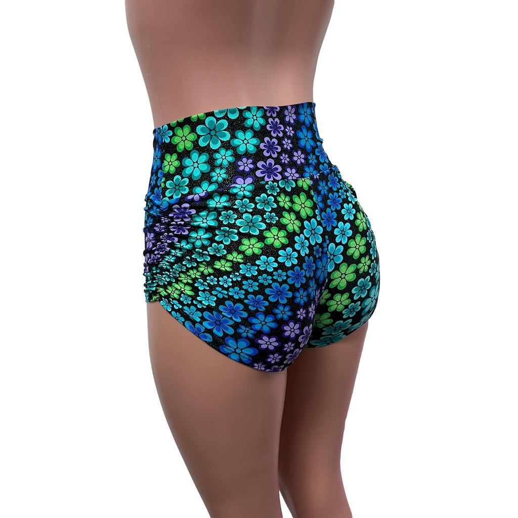 SALE - Ready to Ship - High Waist Ruched Booty Shorts in Groovy Flower - Peridot Clothing