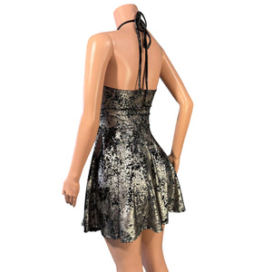 Halter Skater fit n flare X-String Dress in Gunmetal on Black Gilded Velvet