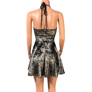 Halter Skater fit n flare X-String Dress in Gunmetal on Black Gilded Velvet