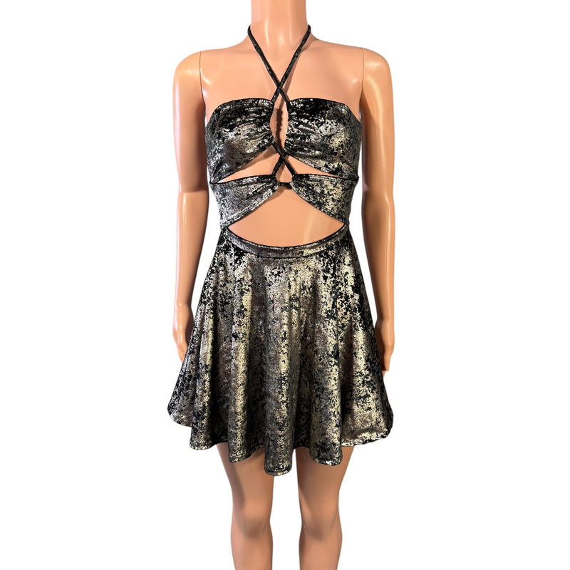 Halter Skater fit n flare X-String Dress in Gunmetal on Black Gilded Velvet