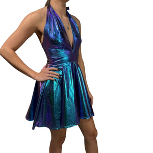 Halter Skater fit n flare Dress in Oil Slick Holographic - Holo Mini Dress for Raves, Festivals