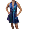 Halter Skater fit n flare Dress in Oil Slick Holographic - Holo Mini Dress for Raves, Festivals