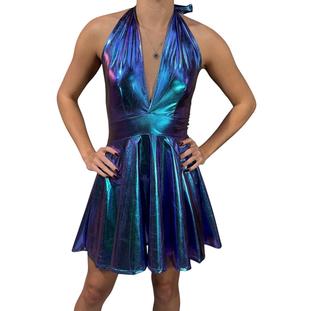 Halter Skater fit n flare Dress in Oil Slick Holographic - Holo Mini Dress for Raves, Festivals