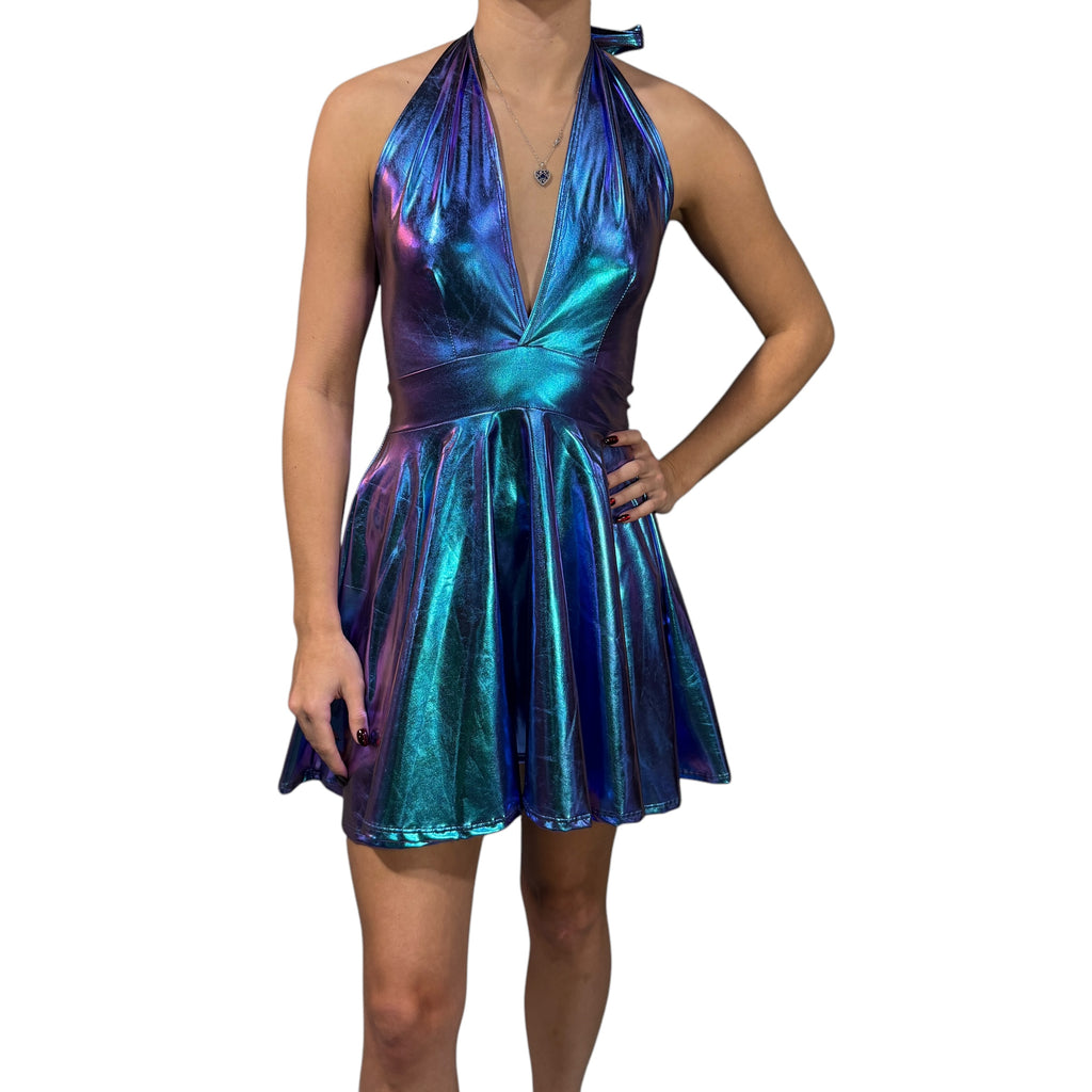 Halter Skater fit n flare Dress in Oil Slick Holographic - Holo Mini Dress for Raves, Festivals