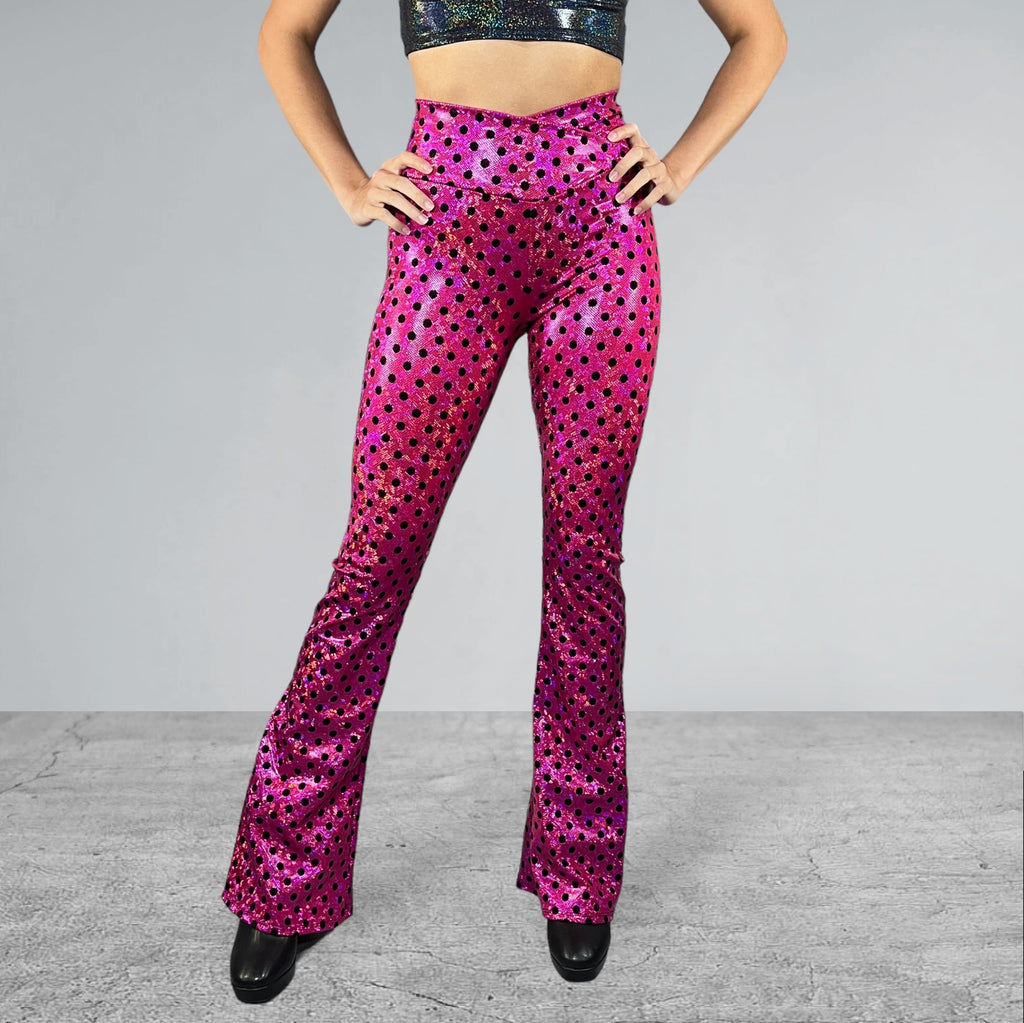 Crossover V-Waist Bootcut Flare Pants - Holographic Pink Polka Dot