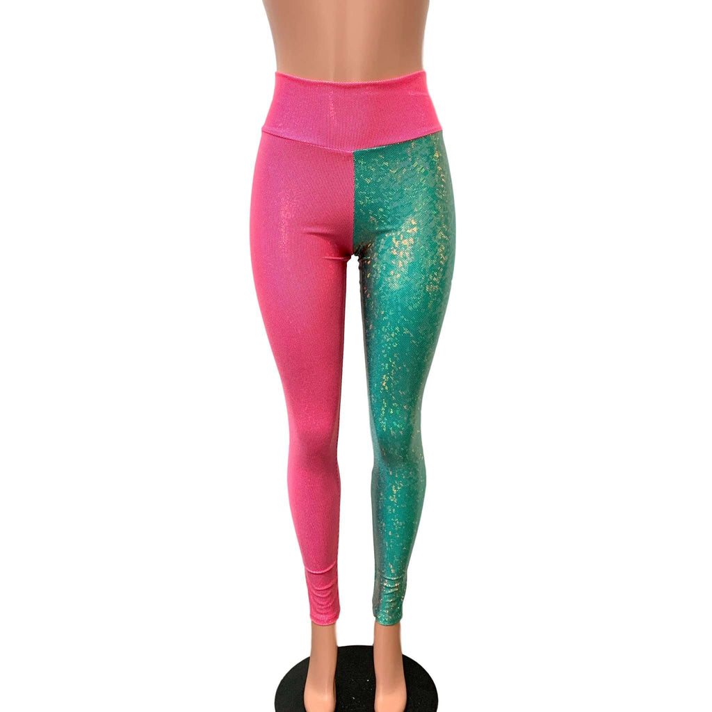 Holographic Colorblock Leggings - Pink and Jade Shattered Glass - Peridot Clothing