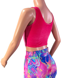 Mesh Inset Crop Tank Top - Neon Hot Pink Velvet - Peridot Clothing