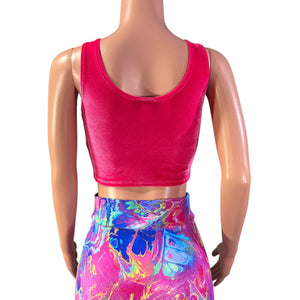 Mesh Inset Crop Tank Top - Neon Hot Pink Velvet - Peridot Clothing