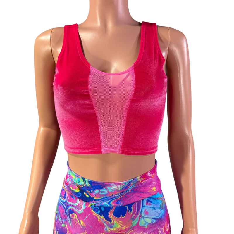 Mesh Inset Crop Tank Top - Neon Hot Pink Velvet - Peridot Clothing