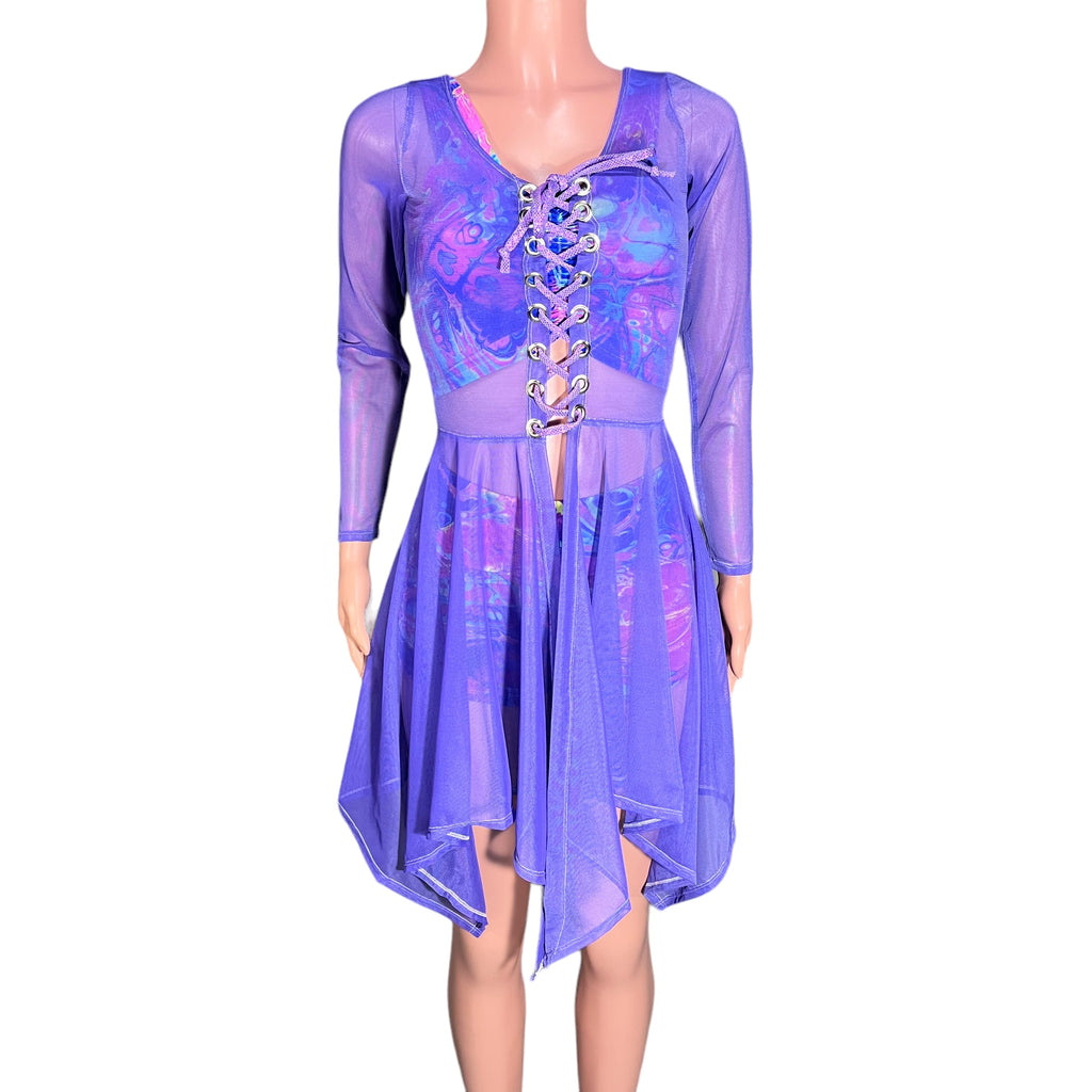 Lavender Purple Mesh Long Sleeve Lace-Up Open-Front Asymmetrical Dress - Sheer Rave Dress - Peridot Clothing