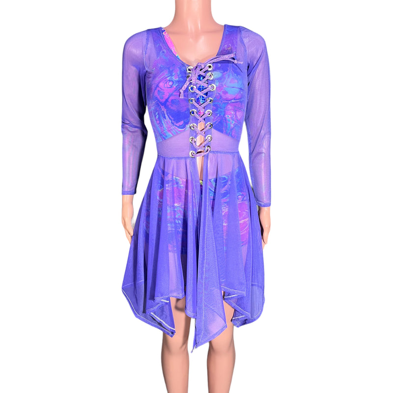 Lavender Purple Mesh Long Sleeve Lace-Up Open-Front Asymmetrical Dress - Sheer Rave Dress Medium (8-10) Lavender Purple Mesh Long Sleeve Lace-Up Open-Front Asymmetrical Dress - Sheer Rave Dress Medium (8-10)