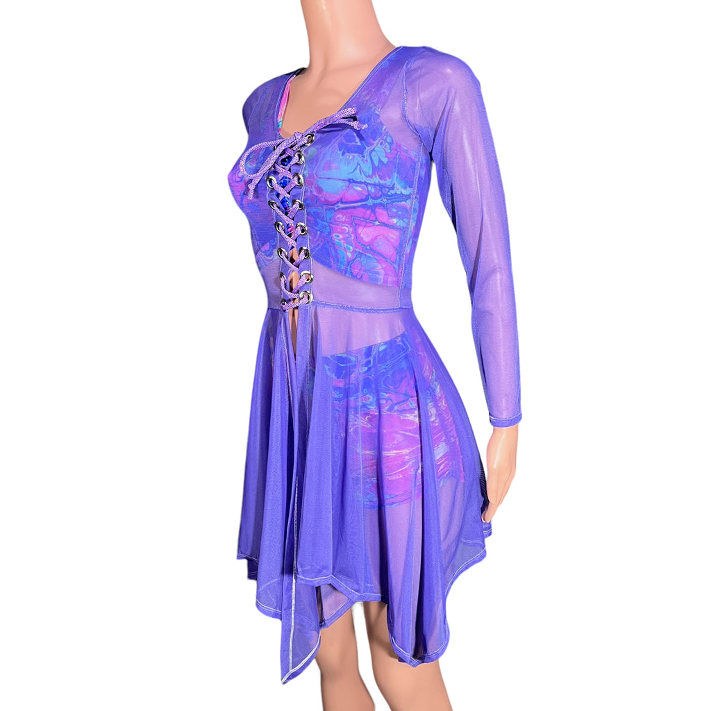 Lavender Purple Mesh Long Sleeve Lace-Up Open-Front Asymmetrical Dress - Sheer Rave Dress