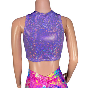 Lavender Shattered Glass Holographic High Neck Unisex Men/Women Cutout Top Shirt - Peridot Clothing