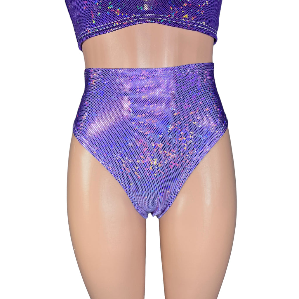 HIGH Thigh Hot Pants in Lavender Shattered Glass Spandex | High Waist Bikini - Peridot Clothing