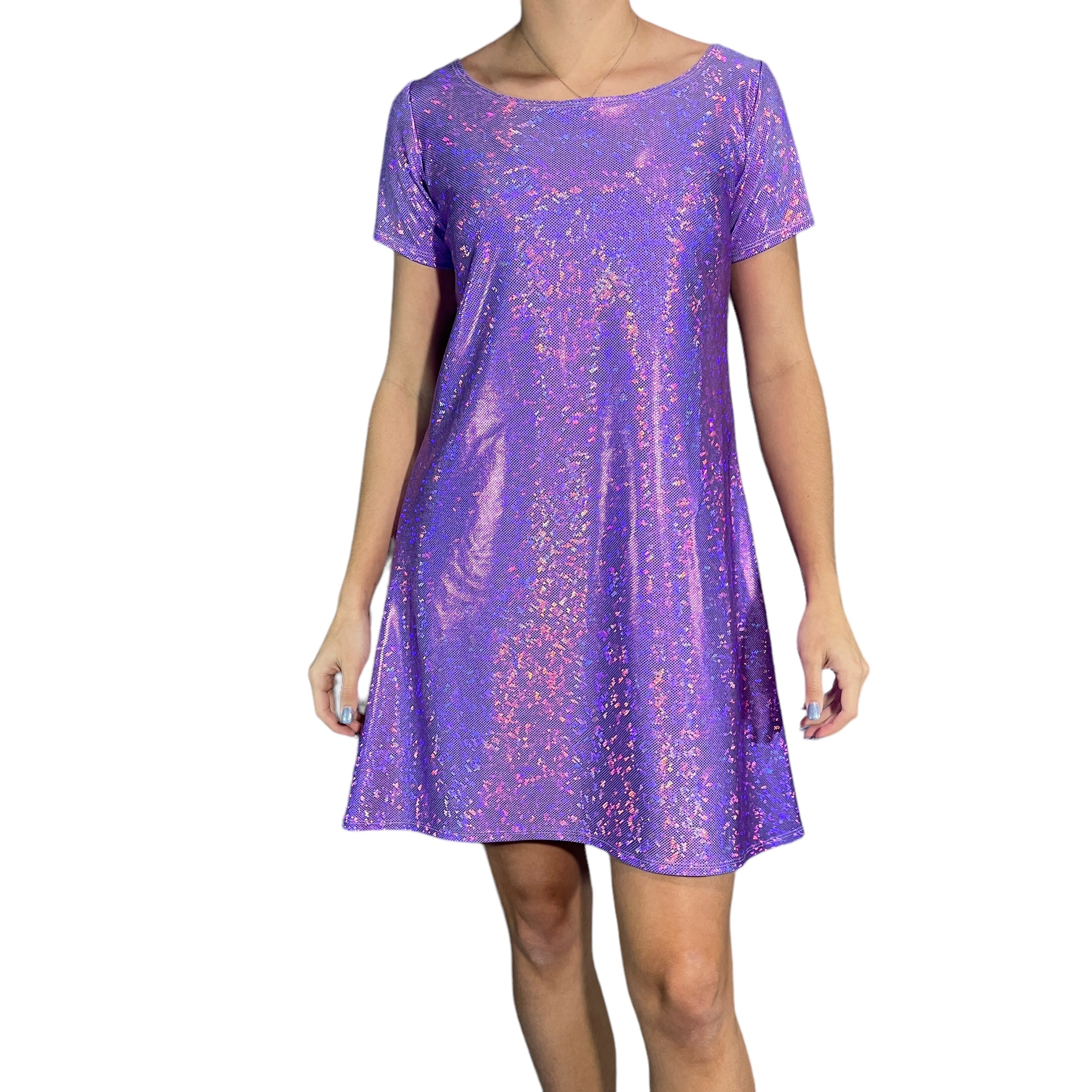 Lavender Holographic Sparkly Tee Dress | Shirtdress in Purple Peridot Clothing Lavender Holographic Sparkly Tee Dress | Shirtdress in Purple Peridot Clothing