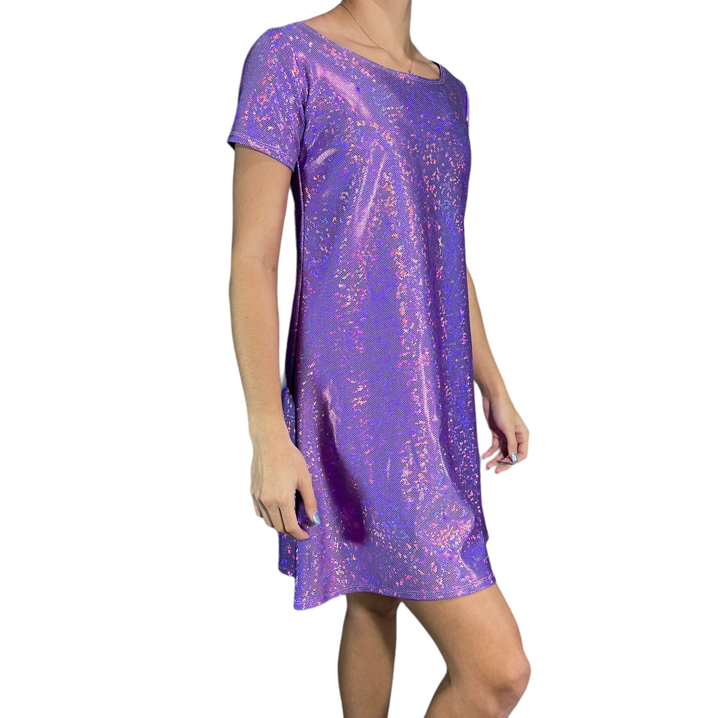 Lavender Holographic Sparkly Tee Dress | Shirtdress in Purple 2XLarge Lavender Holographic Sparkly Tee Dress | Shirtdress in Purple 2XLarge