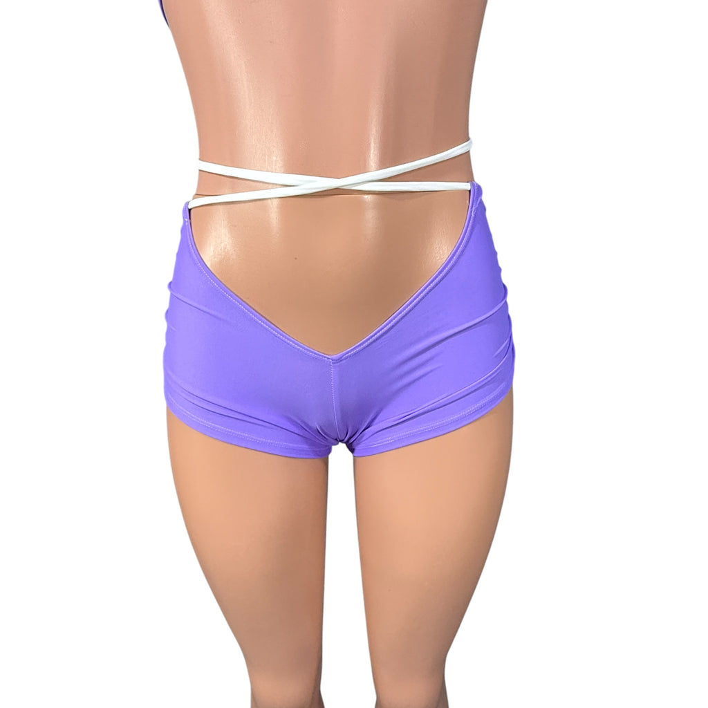 X-String Scrunch Booty Shorts in Lavender Spandex | Ruched Hot Pants w/ Tie Low-Rise Rave Shorts