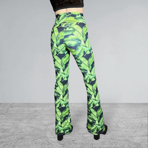 Crossover Waist Bootcut Flare Pants *Tropical Leaf Print* - High V-Waist Flare Pants - Rave Clothing, Festival Pants, Yoga - Peridot Clothing