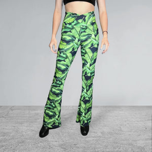 Crossover Waist Bootcut Flare Pants *Tropical Leaf Print* - High V-Waist Flare Pants - Rave Clothing, Festival Pants, Yoga - Peridot Clothing