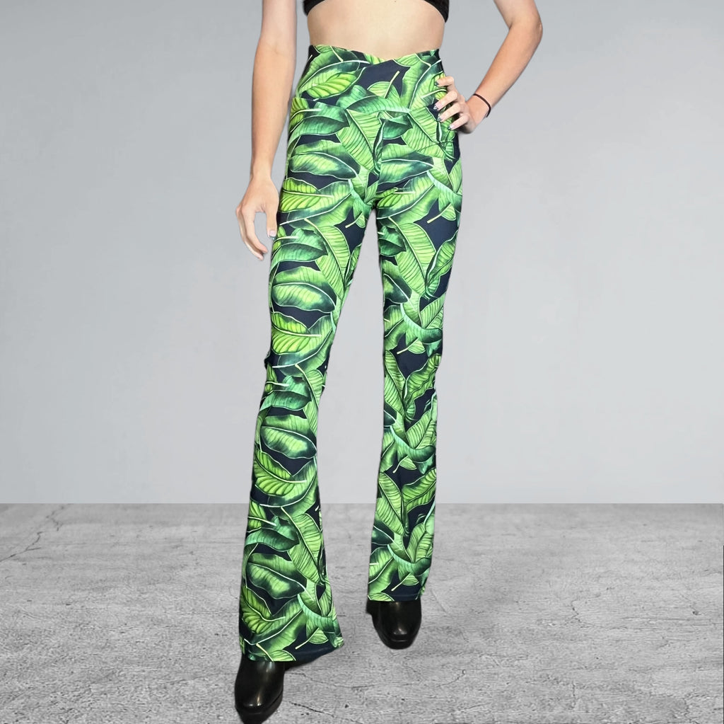 Crossover Waist Bootcut Flare Pants *Tropical Leaf Print* - High V-Waist Flare Pants - Rave Clothing, Festival Pants, Yoga - Peridot Clothing