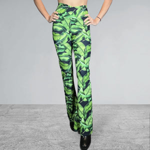 Crossover Waist Bootcut Flare Pants *Tropical Leaf Print* - High V-Waist Flare Pants - Rave Clothing, Festival Pants, Yoga - Peridot Clothing