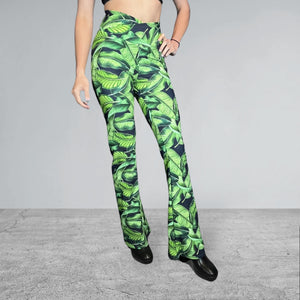 Crossover Waist Bootcut Flare Pants *Tropical Leaf Print* - High V-Waist Flare Pants - Rave Clothing, Festival Pants, Yoga - Peridot Clothing