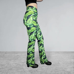 Crossover Waist Bootcut Flare Pants *Tropical Leaf Print* - High V-Waist Flare Pants - Rave Clothing, Festival Pants, Yoga - Peridot Clothing