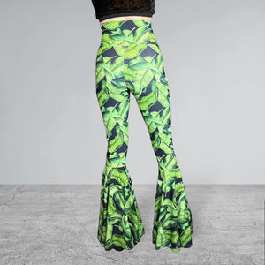 SALE - MEDIUM Lace-Up High Waist Bell Bottoms - Tropical Leaves