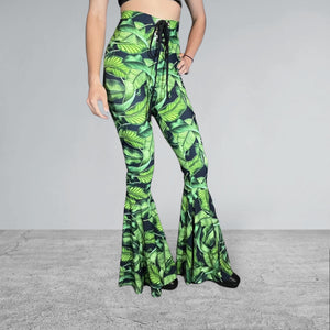 SALE - MEDIUM Lace-Up High Waist Bell Bottoms - Tropical Leaves