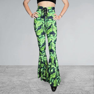 SALE - MEDIUM Lace-Up High Waist Bell Bottoms - Tropical Leaves