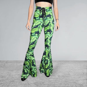 SALE - MEDIUM Lace-Up High Waist Bell Bottoms - Tropical Leaves